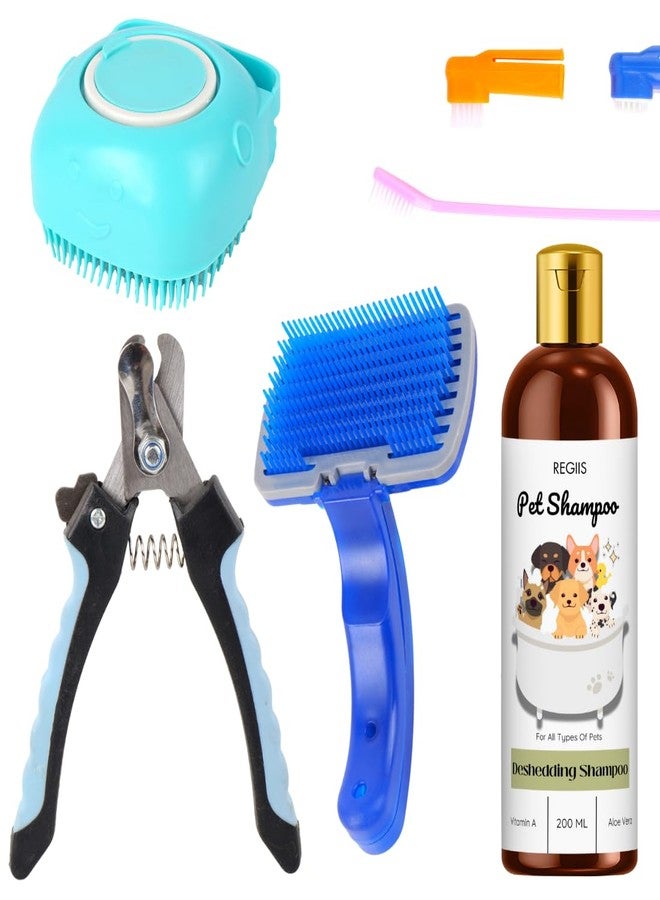 REGIIS Pet Grooming Kit, 5-in-1 Dog Grooming Set with Deshedding Shampoo, Nail Clippers, Slicker Brush, Self-Cleaning Brush, for All Types of Pets